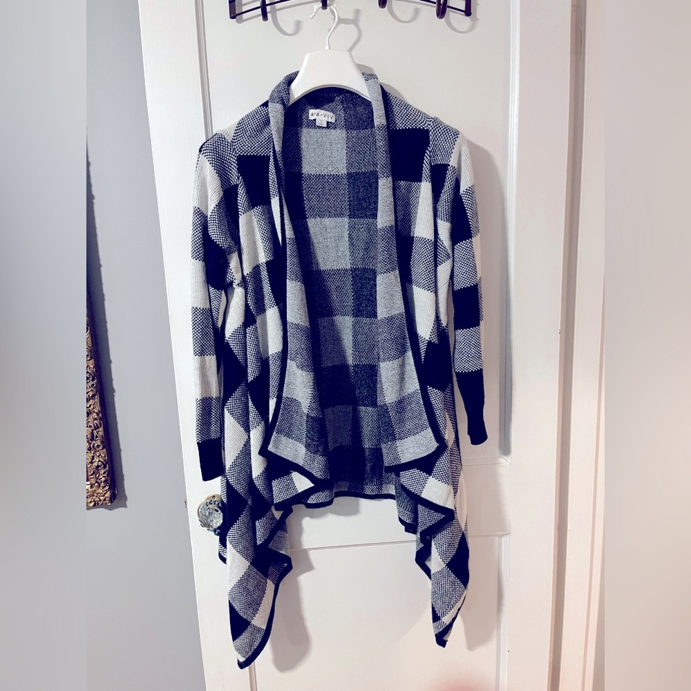 Women’s open cardigan in black and white plaid, size 1X, by Ava & Viv
